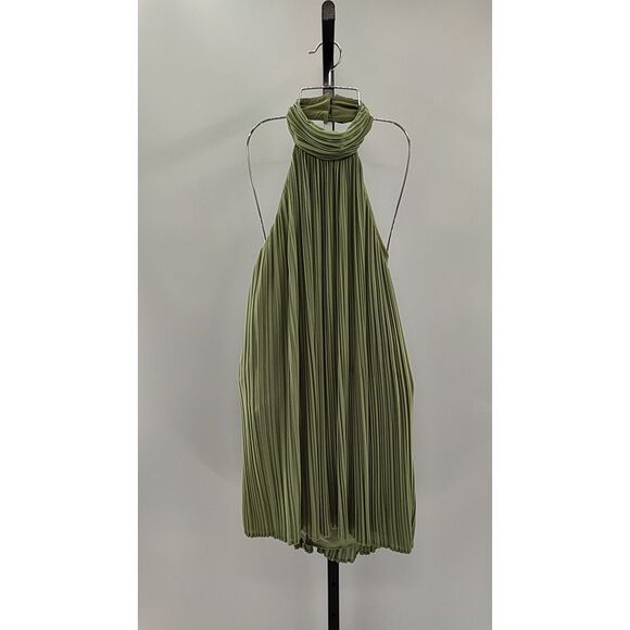 Lulus Women Gretchen Pleated Halter Backless Mini Dress Green Basic Sleeveless M - Picture 2 of 3
